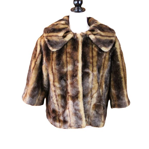 Luii Faux Fur Jacket Large Brown Vegan Animal Friendly 3/4 Sleeve Formal D36 - Picture 1 of 12